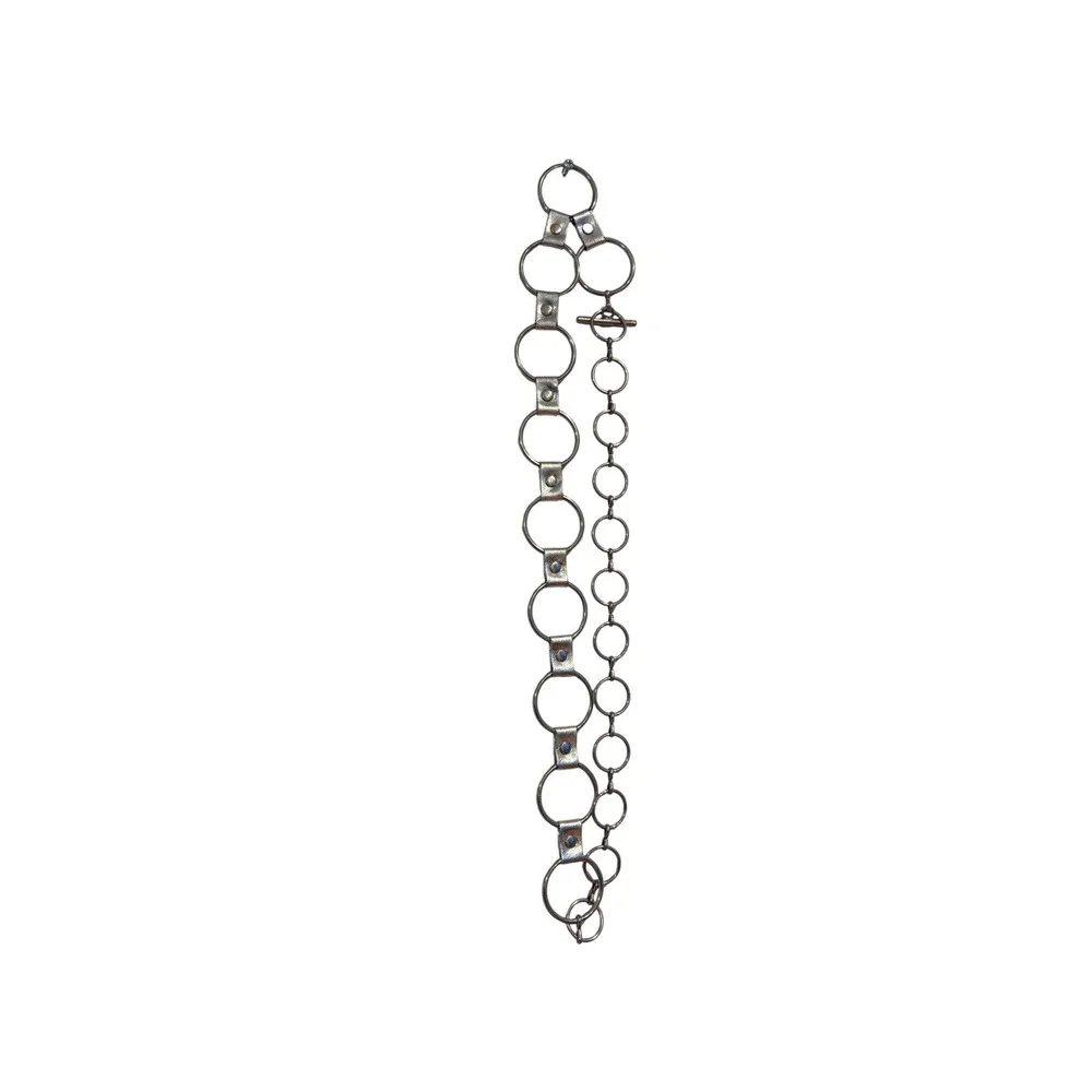 Silver Metal O-Ring Chain Belt Toggle Closure Y2K Punk Faux‎ Leather Detail 42in